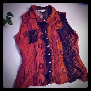 Sleeveless tribal print button up